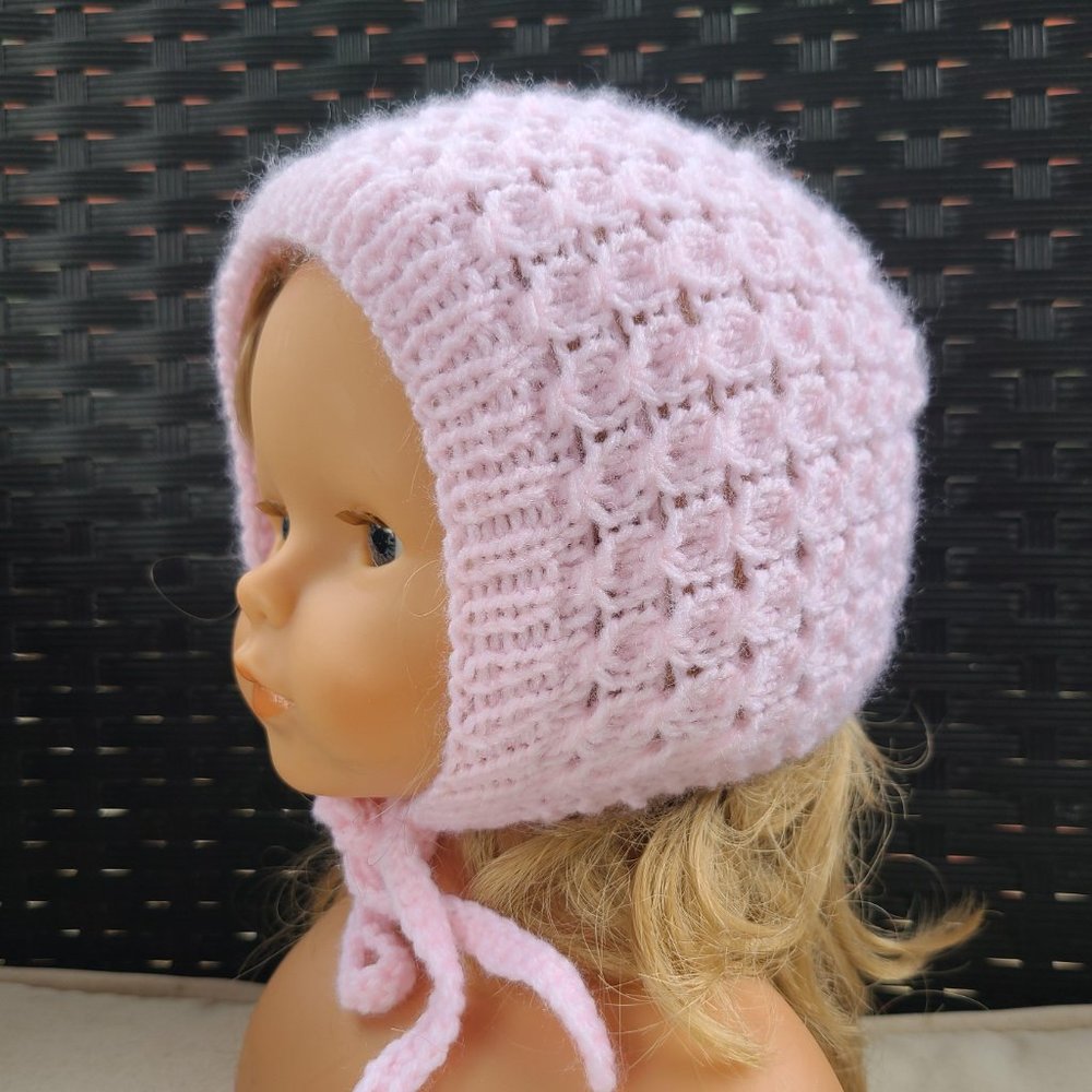 Baby Girl Hat BONNET knit Acrylic Handmade Baby Pink 1-2 months